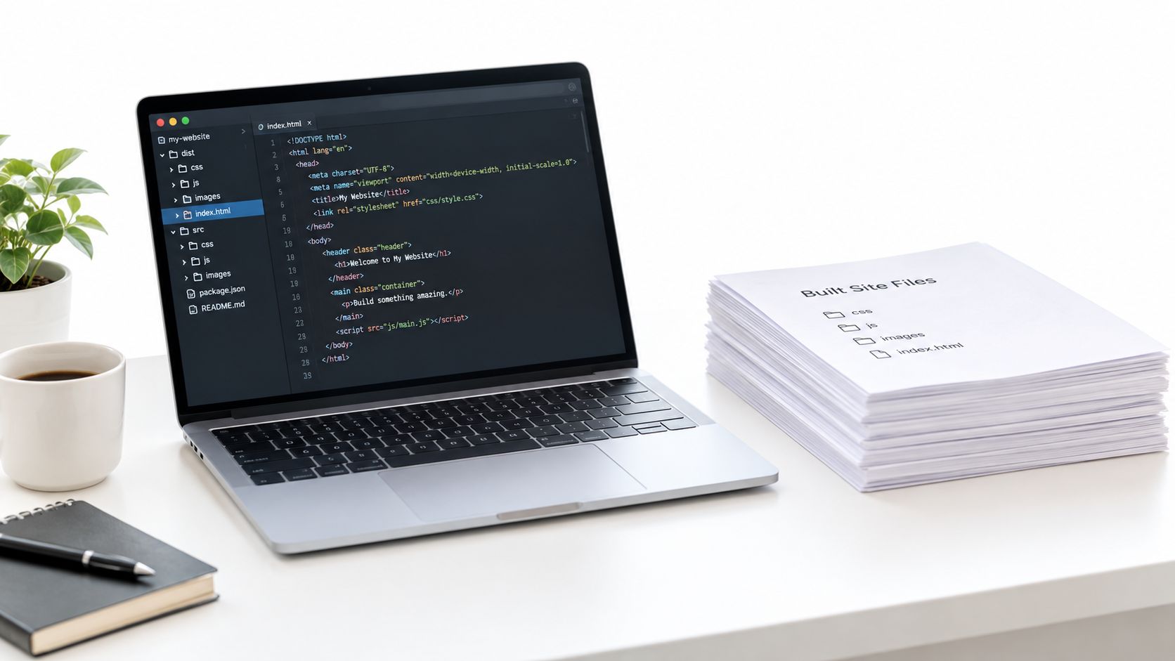 A modern laptop displaying code on a desk next to a stack of printed web design files.