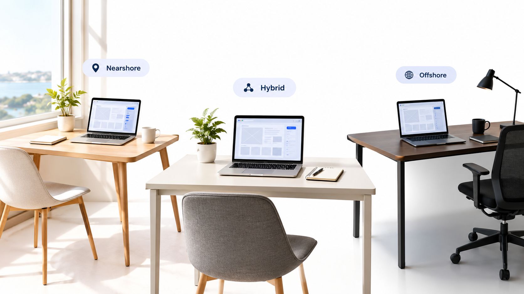 Three organized home office desks labeled for nearshore, hybrid, and offshore remote work models.